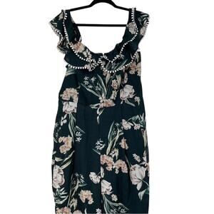 City Chic Forest Green Floral Ruffled Shoulder Jumpsuit Womens 16 Wide Leg Crop